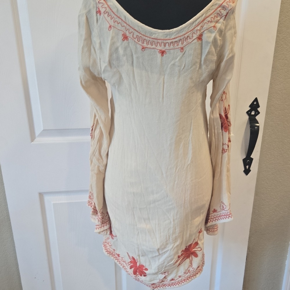 Free People Cream Coral Embroidered Boho Bell Sleeve Tunic Mini Dress XS - Picture 8 of 10